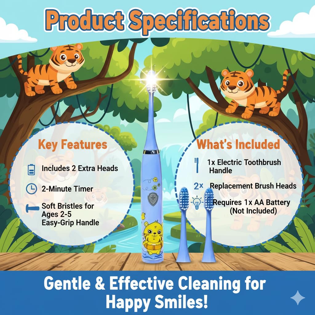 Gentle Electric Kids Toothbrush with 2 Extra Heads Attachments